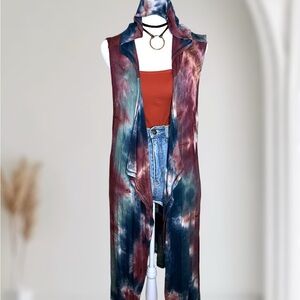 COIN 1804 Tie-Dye Sleeveless Hooded Duster Cardigan Vest Size M